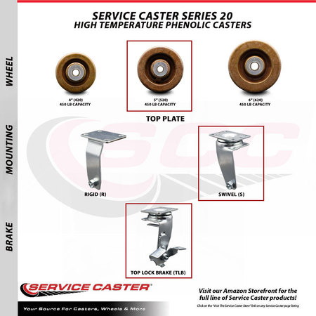 Service Caster 5 Inch High Temp Phenolic Swivel Caster Set with Roller Bearings and Brakes SCC SCC-20S520-PHRHT-TLB-4